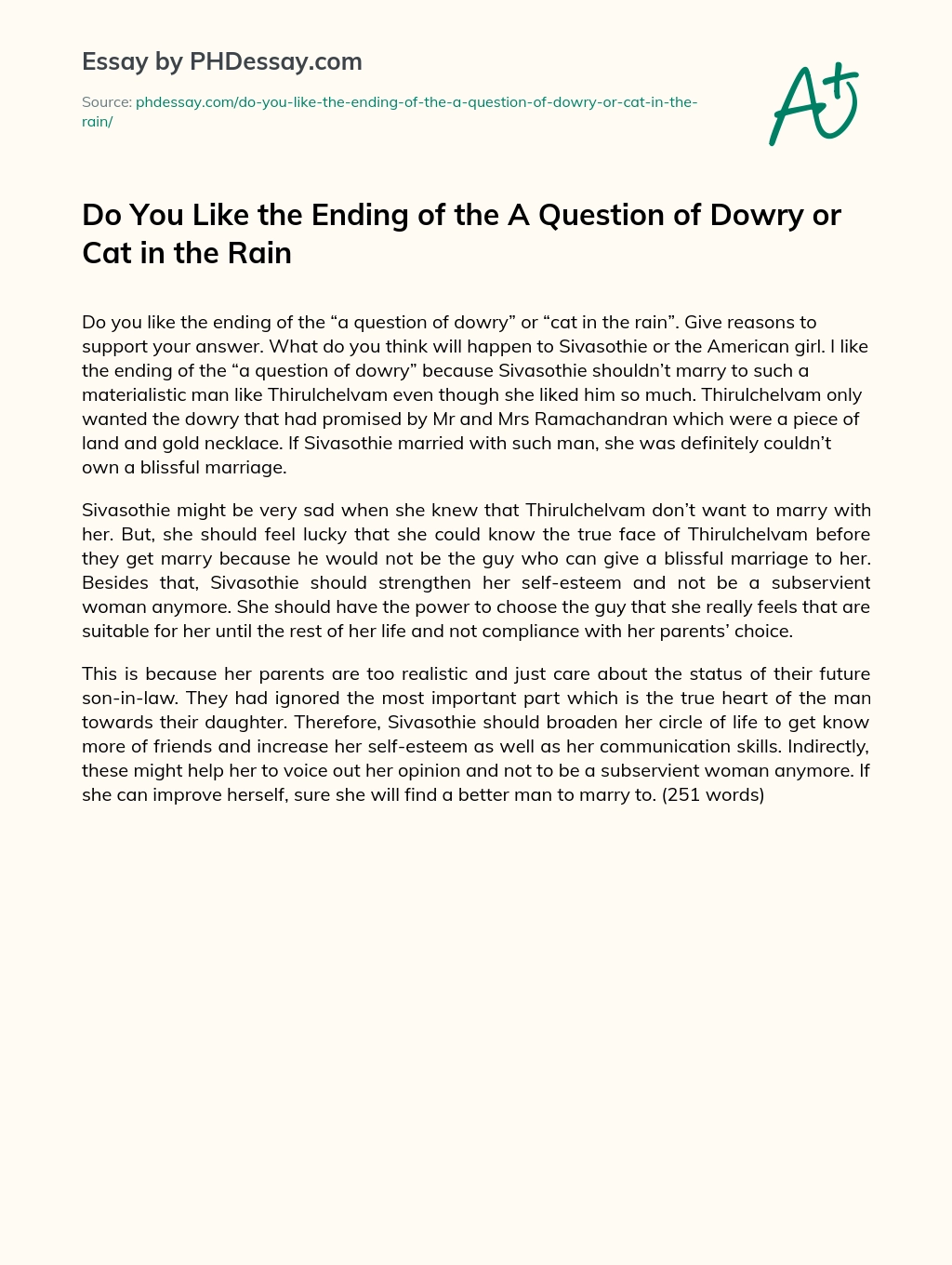 Do You Like the Ending of the A Question of Dowry or Cat in the Rain essay