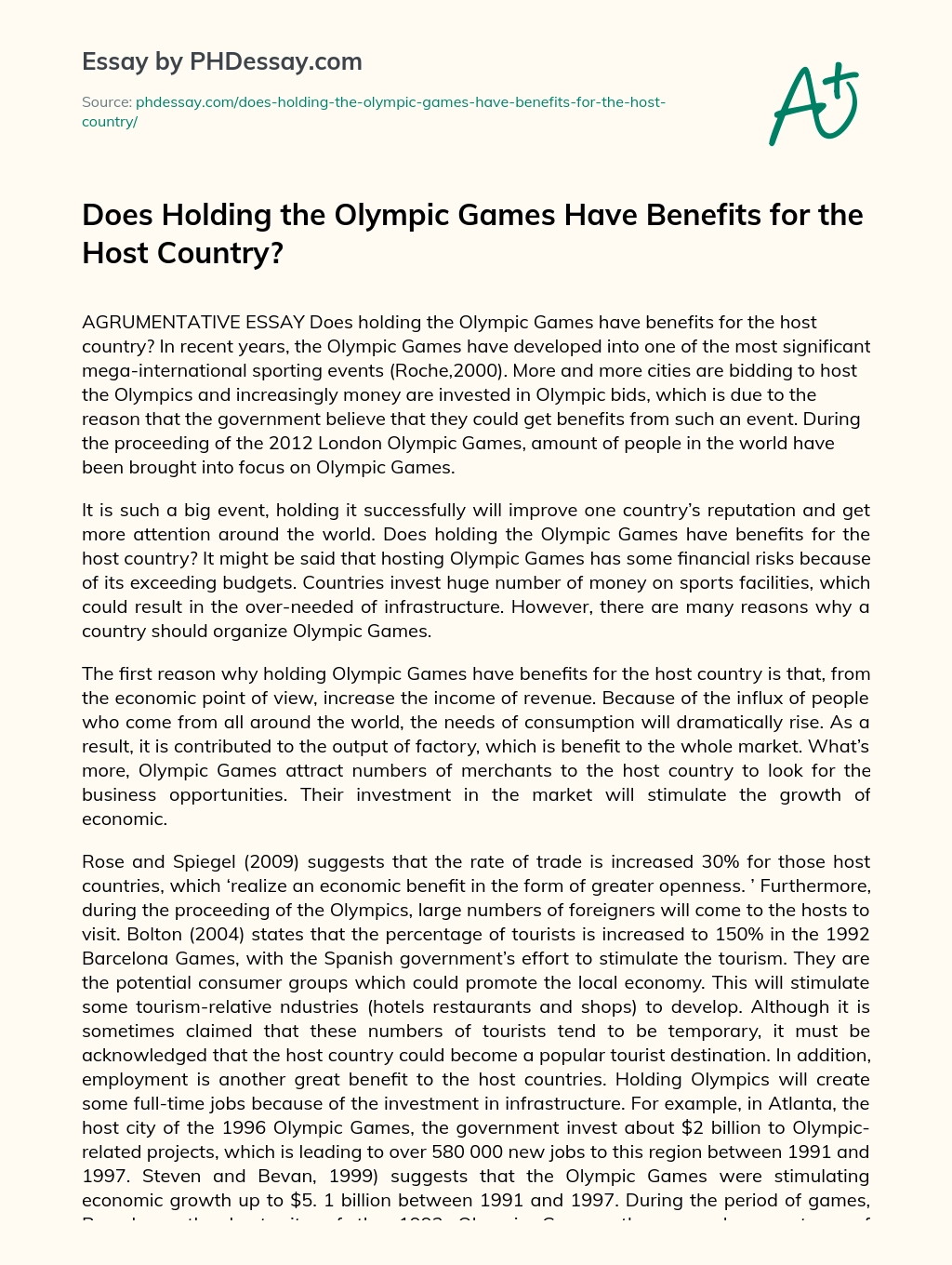 Does Holding the Olympic Games Have Benefits for the Host Country? essay