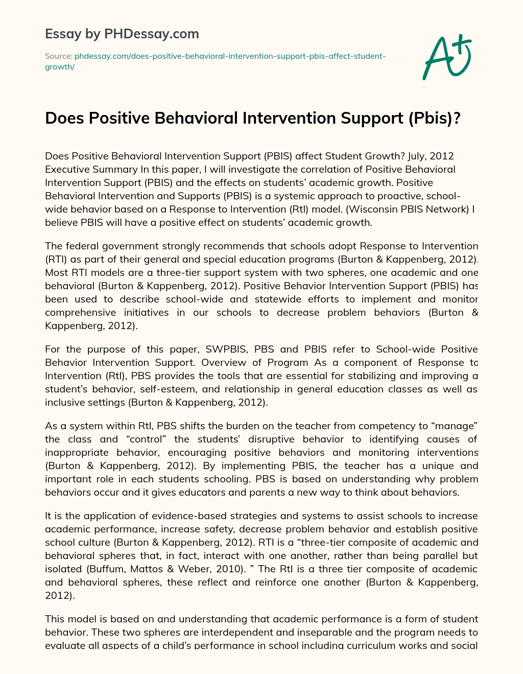 Does Positive Behavioral Intervention Support (Pbis)? essay
