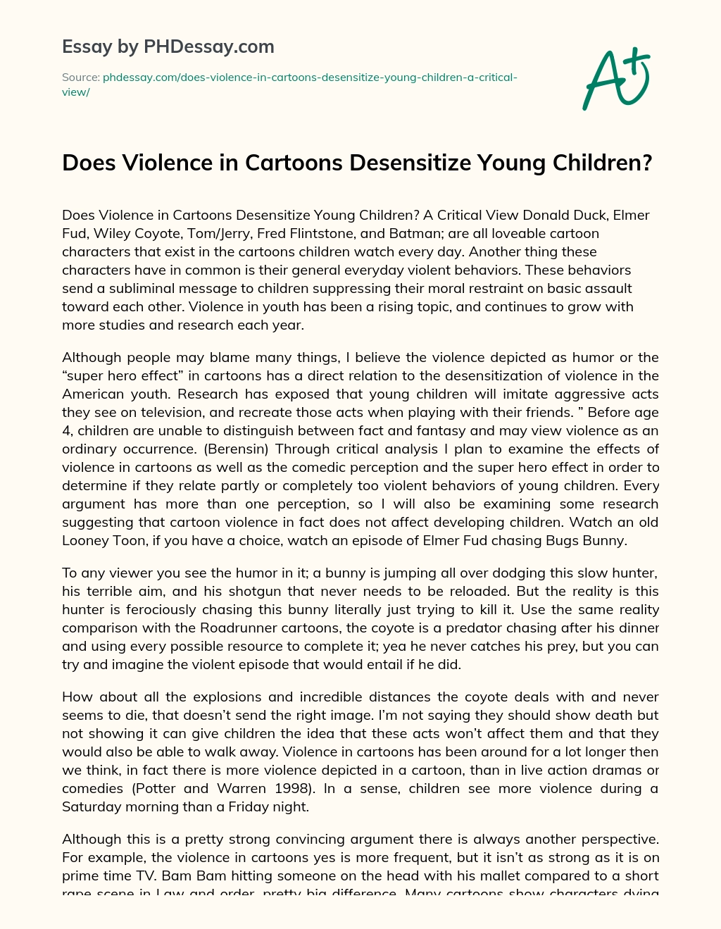 Does Violence In Cartoons Desensitize Young Children? Example 