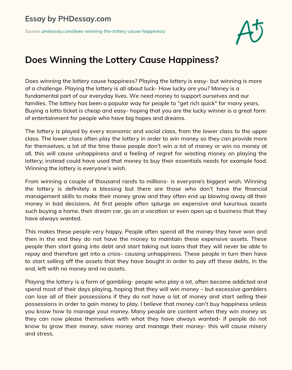 Does Winning the Lottery Cause Happiness? essay