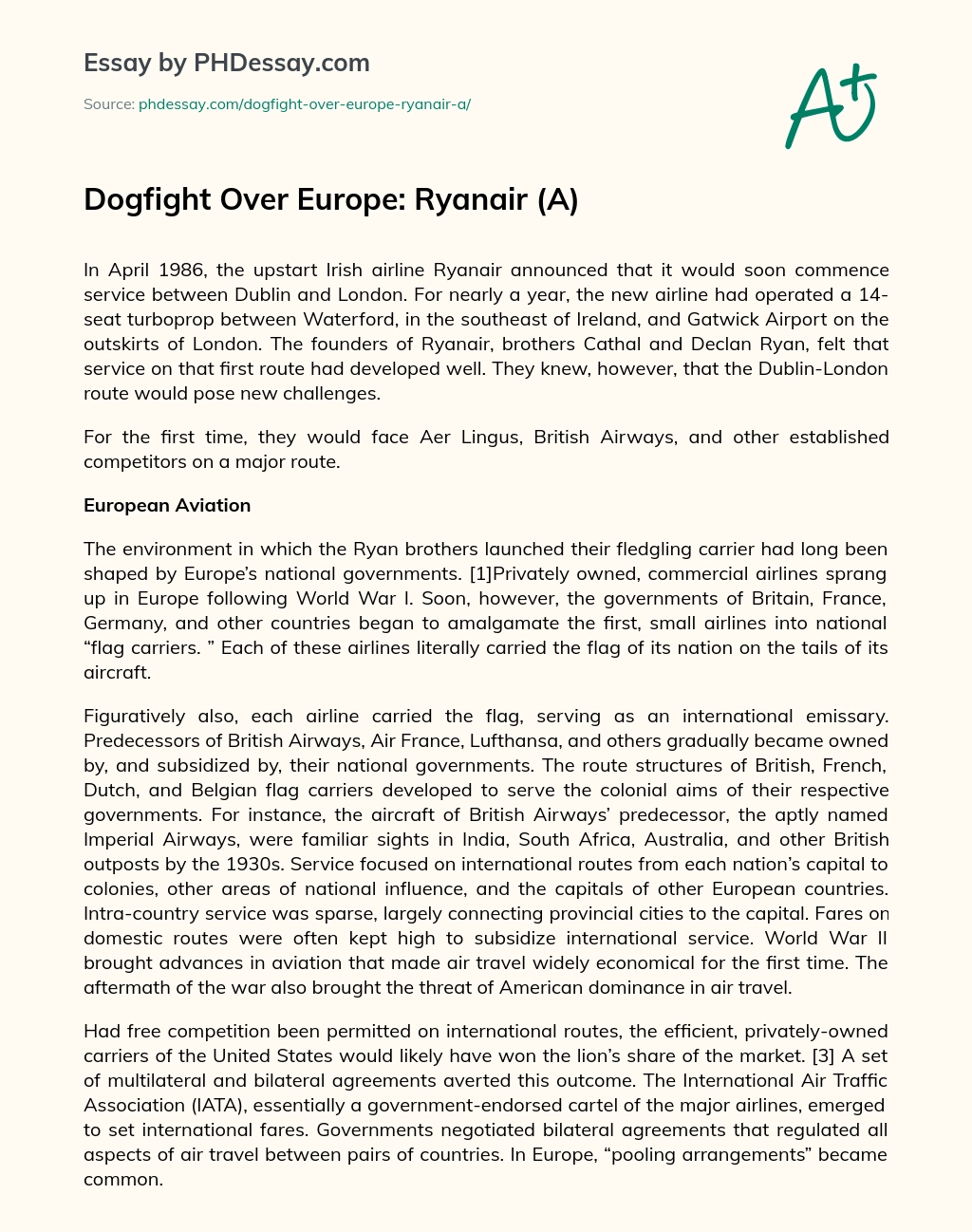 Dogfight Over Europe: Ryanair (A) essay