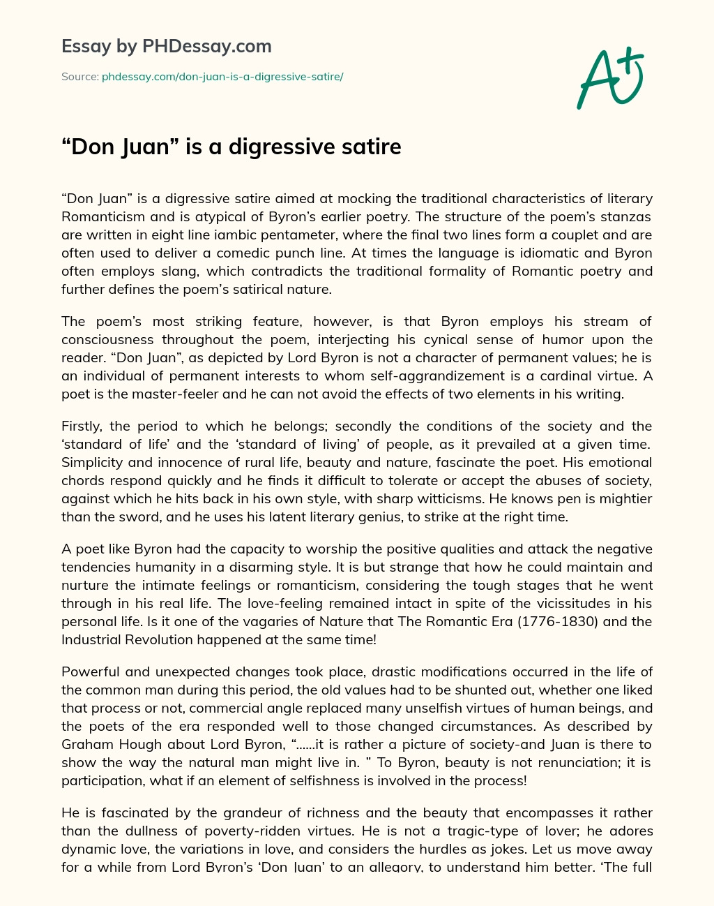 Don Juan is a digressive satire essay