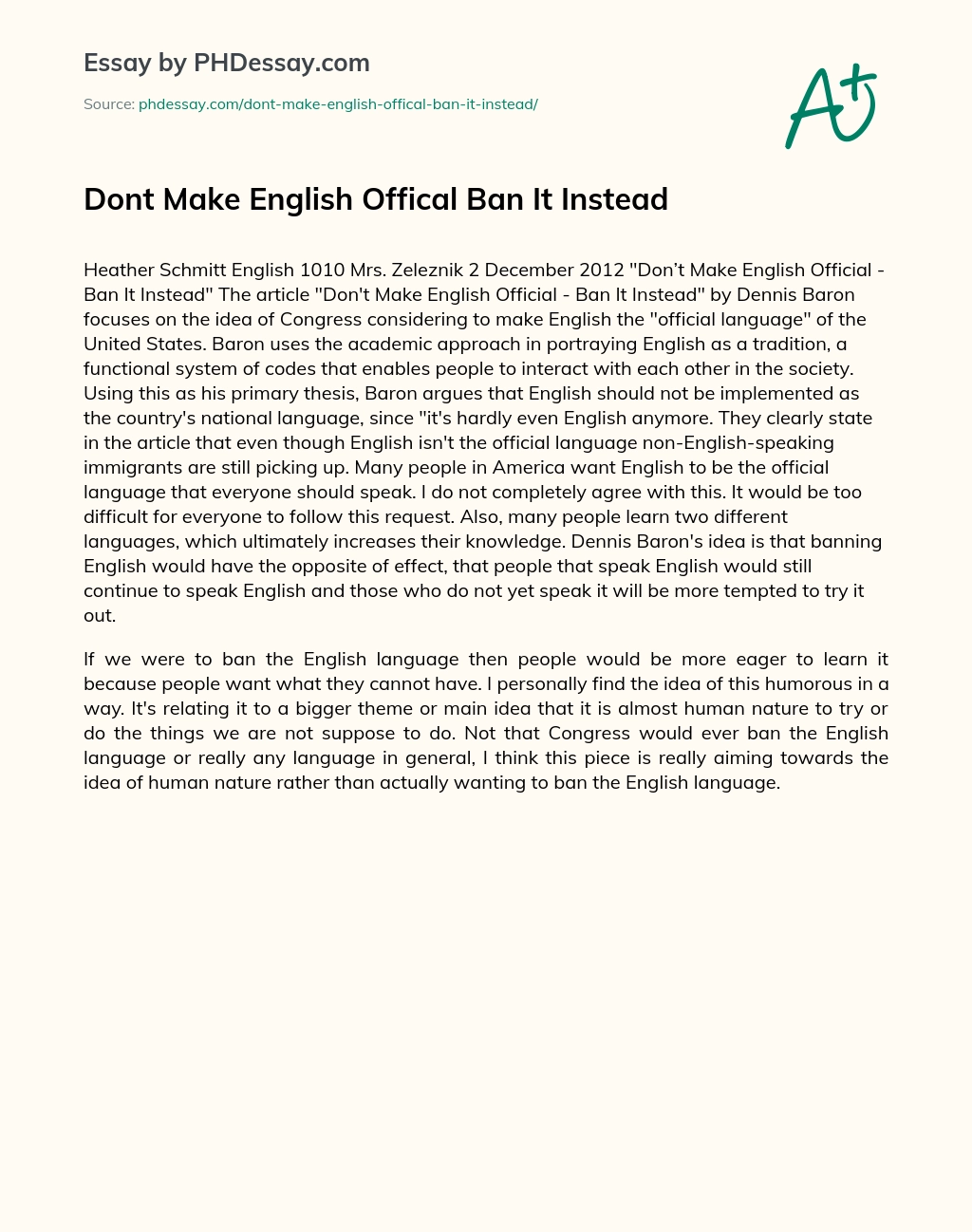 Dont Make English Offical Ban It Instead essay