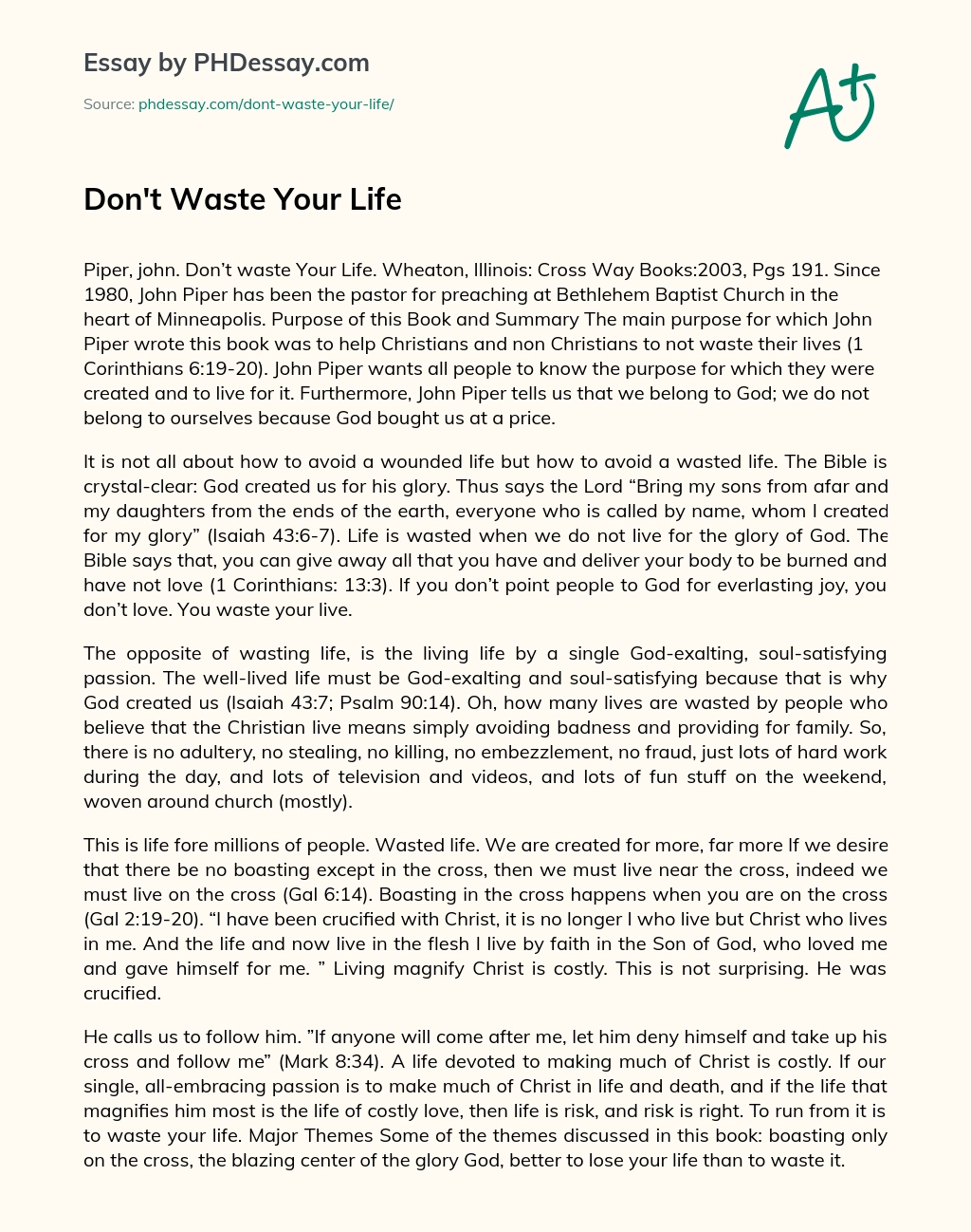 Don’t Waste Your Life essay