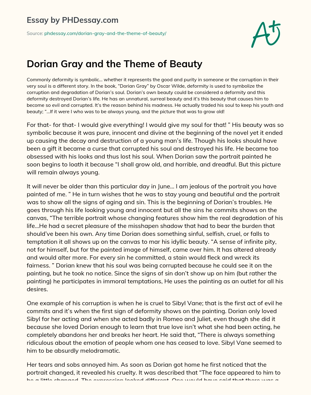 Dorian Gray and the Theme of Beauty essay