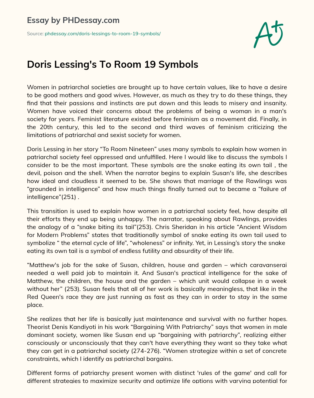 Doris Lessing’s To Room 19 Symbols essay