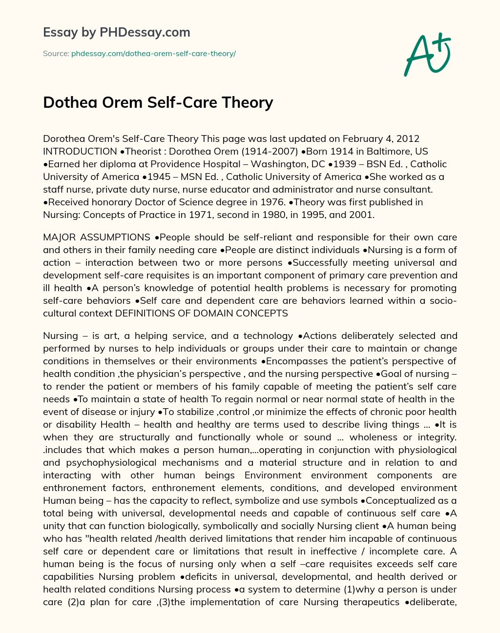 Dothea Orem Self-Care Theory essay