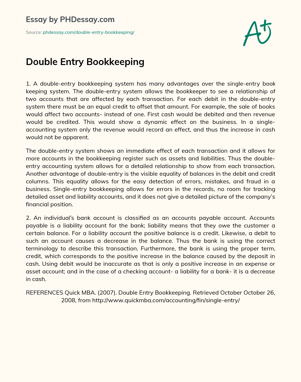 Double Entry Bookkeeping essay