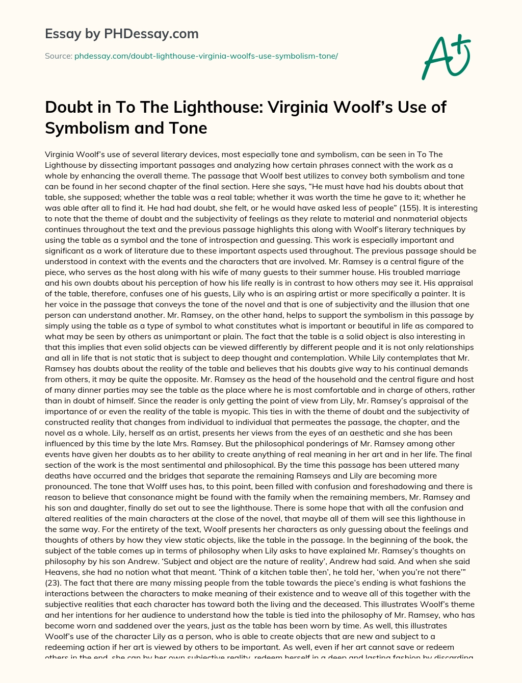 Doubt in To The Lighthouse:  Virginia Woolf’s Use of Symbolism and Tone essay
