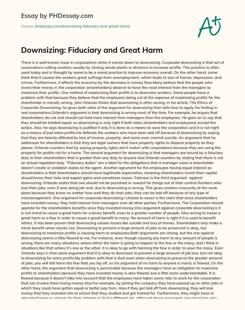 Downsizing: Fiduciary and Great Harm essay