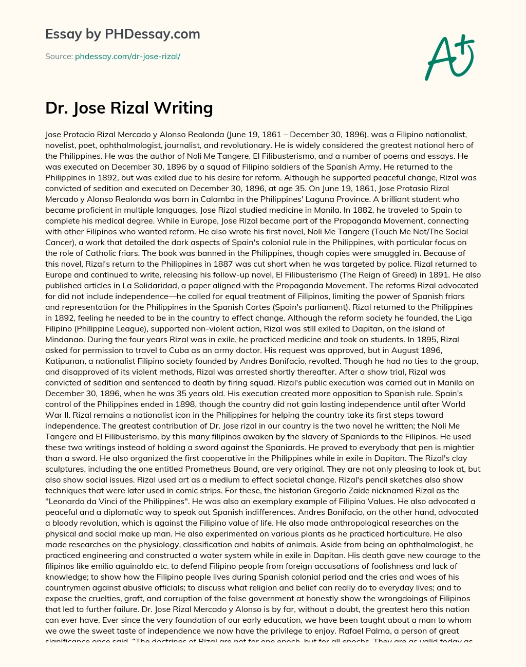 Dr. Jose Rizal Writing essay