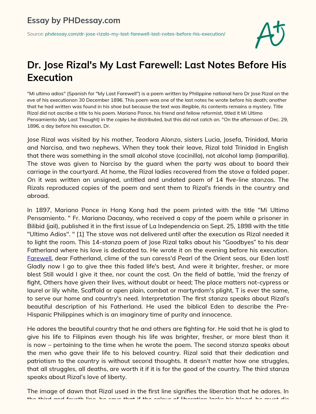 Dr. Jose Rizal’s My Last Farewell: Last Notes Before His Execution essay