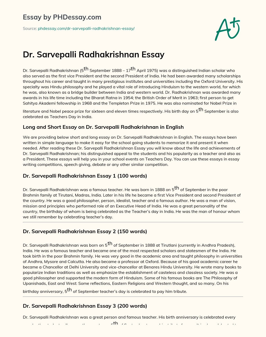 Dr. Sarvepalli Radhakrishnan Essay essay
