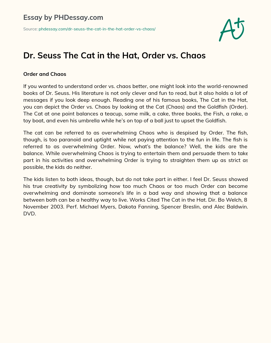 Dr. Seuss The Cat in the Hat, Order vs. Chaos essay