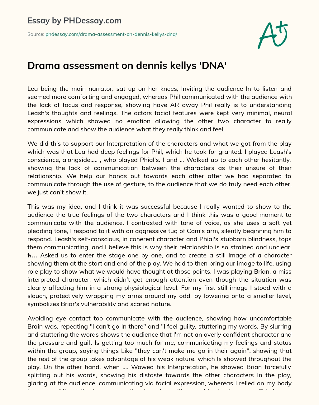Drama assessment on dennis kellys ‘DNA’ essay