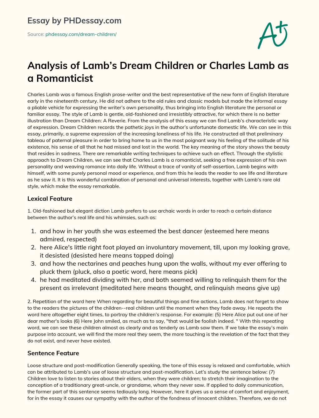 Analysis of Lamb’s Dream Children or Charles Lamb as a Romanticist essay