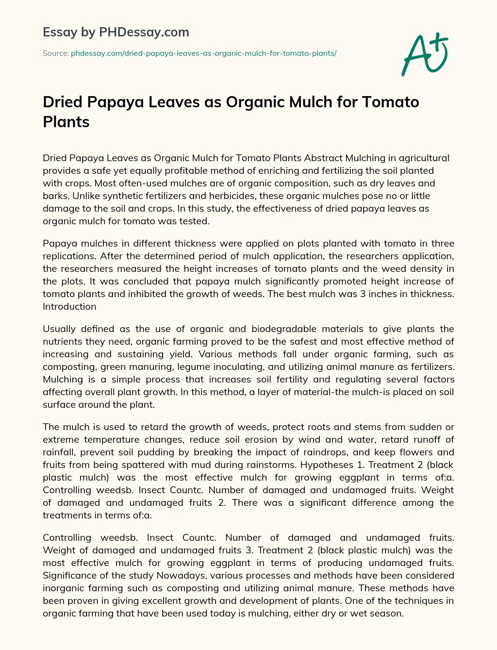 Dried Papaya Leaves as Organic Mulch for Tomato Plants essay