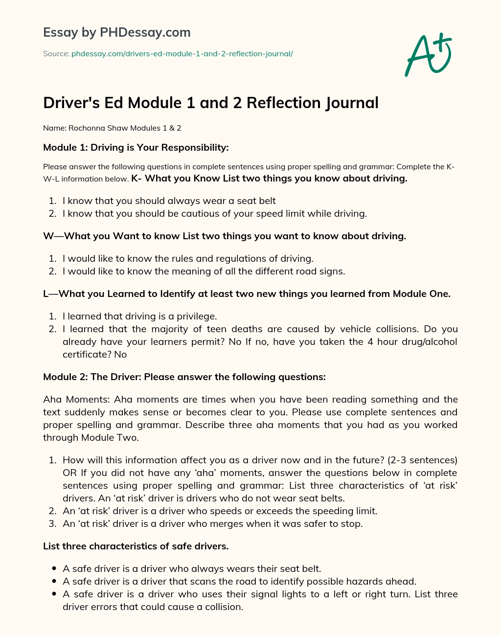 Driver’s Ed Module 1 and 2 Reflection Journal essay