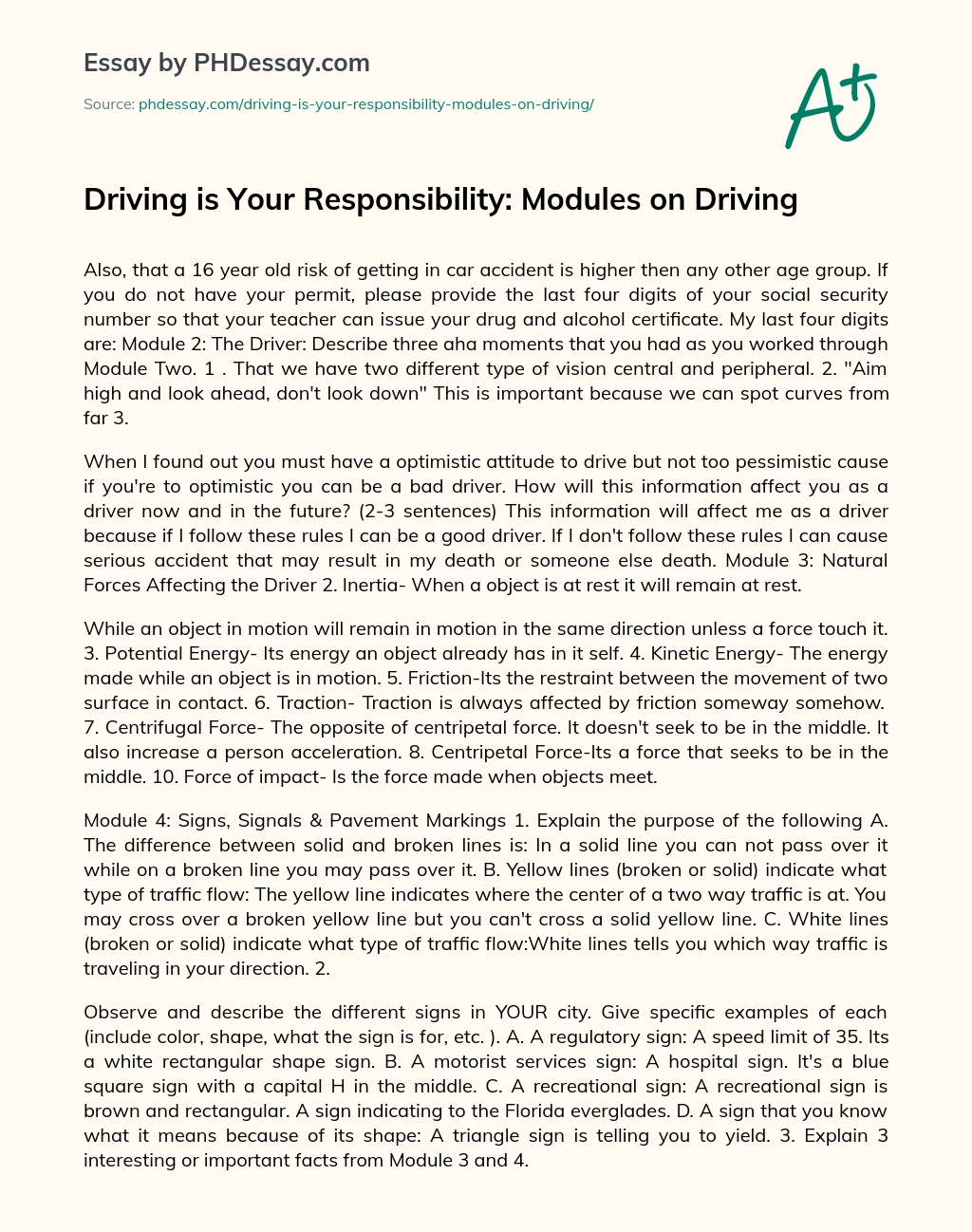 Driving is Your Responsibility: Modules on Driving essay