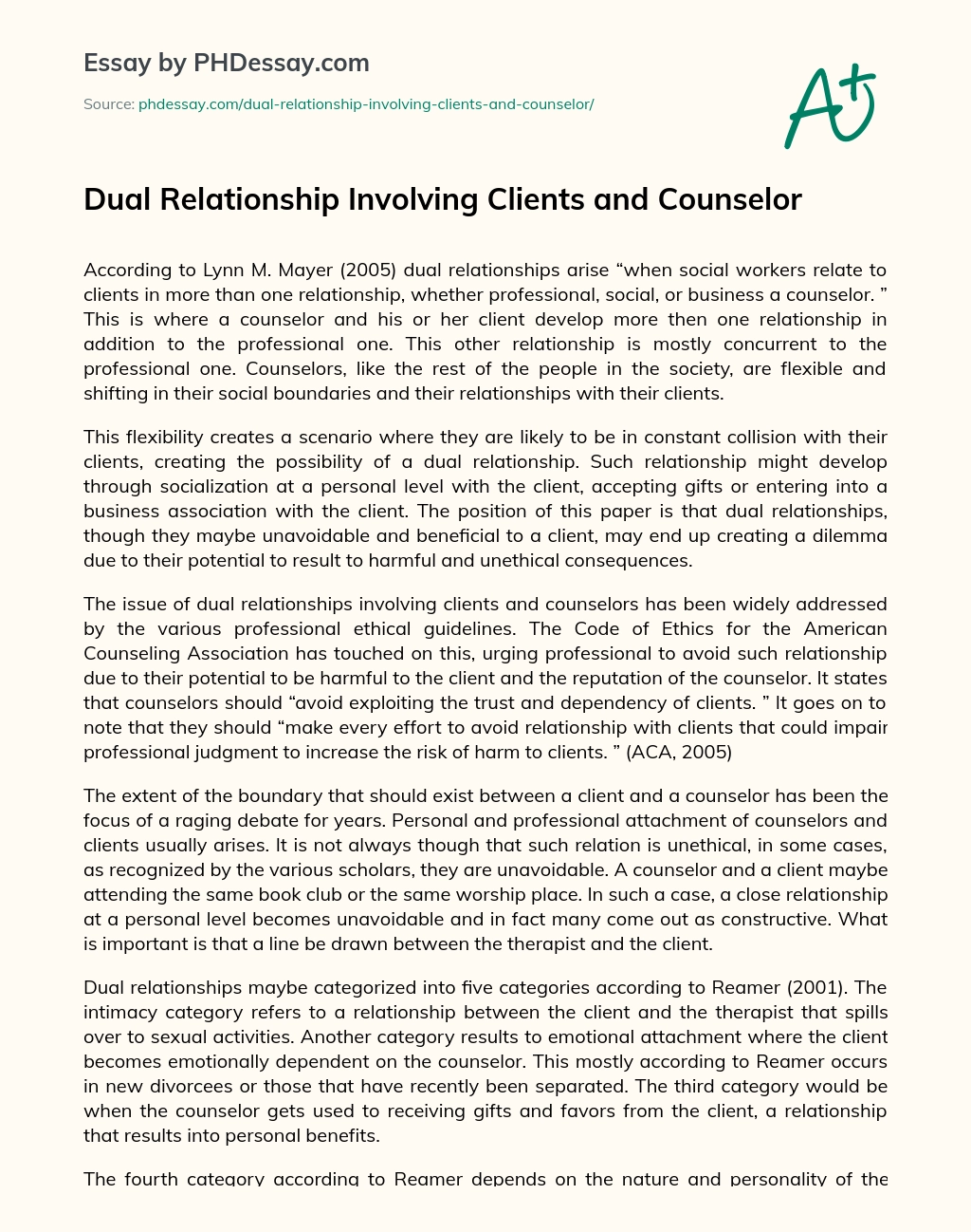 Dual Relationship Involving Clients and Counselor essay