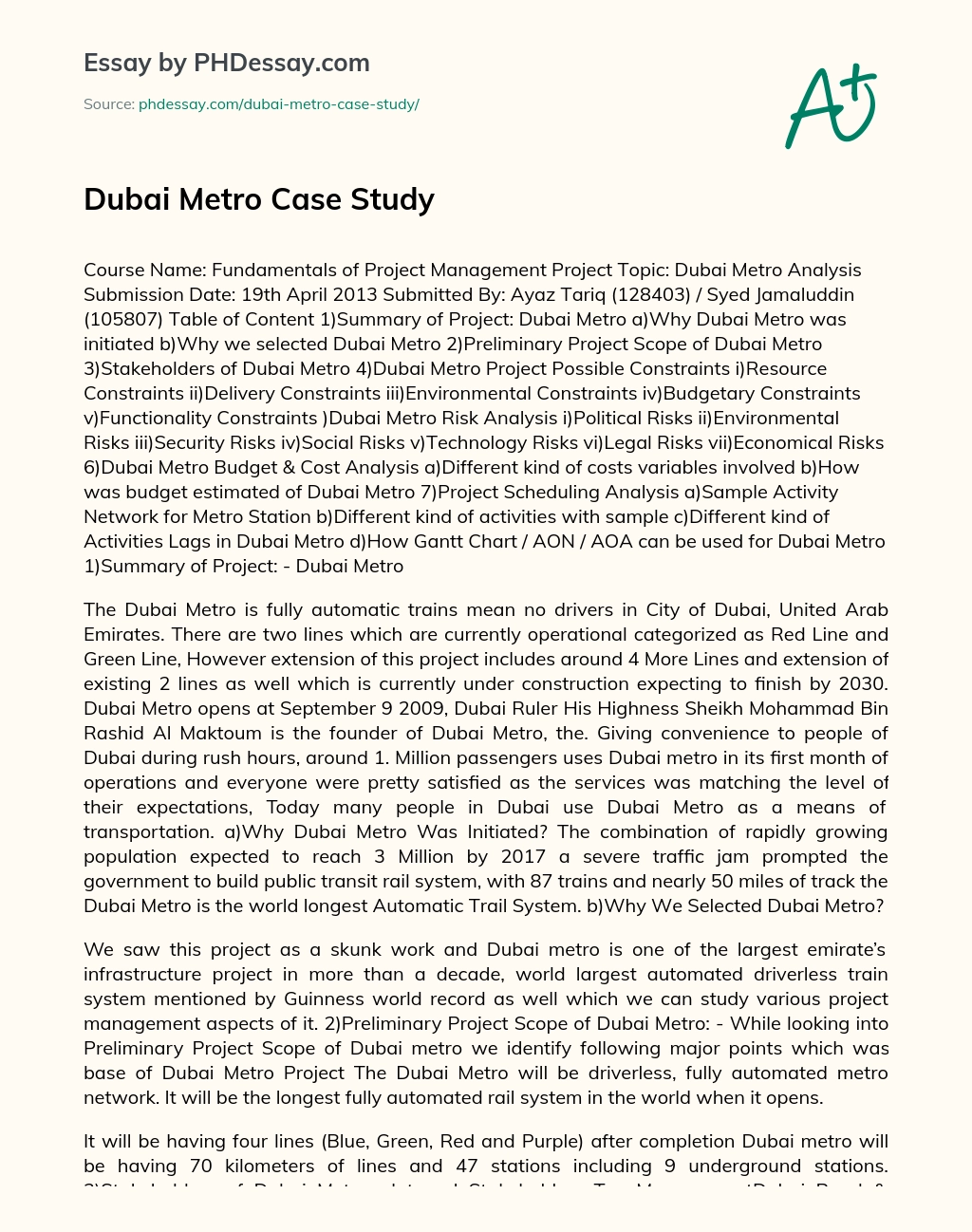 Dubai Metro Case Study essay