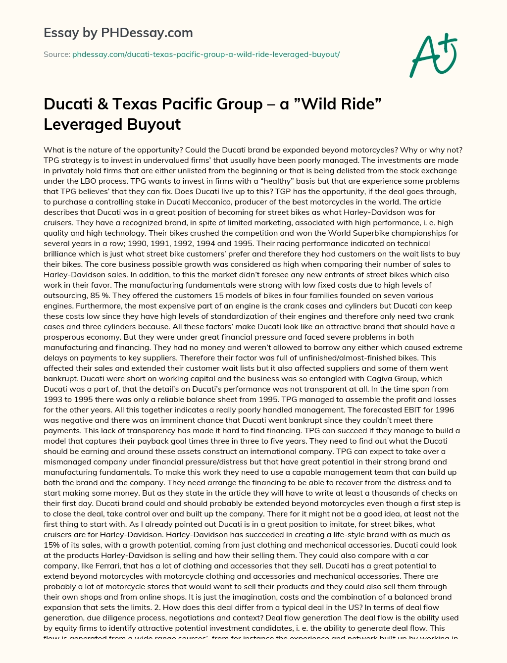 Ducati & Texas Pacific Group – a ”Wild Ride” Leveraged Buyout essay