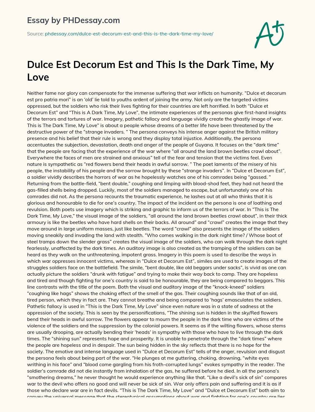 Dulce Est Decorum Est and This Is the Dark Time, My Love essay