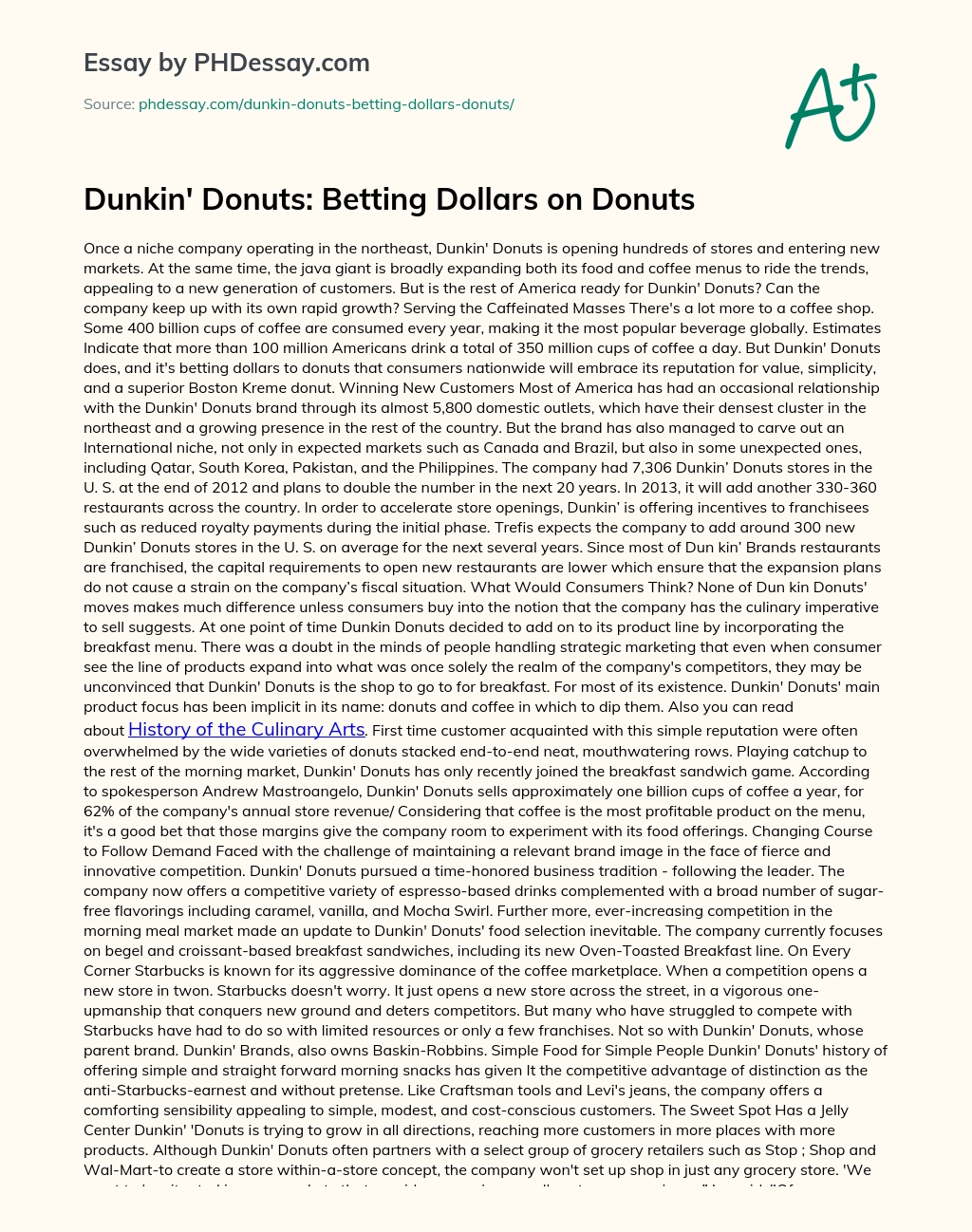 Dunkin’ Donuts: Betting Dollars on Donuts essay