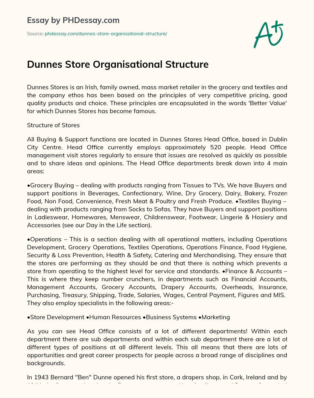 Dunnes Store Organisational Structure essay