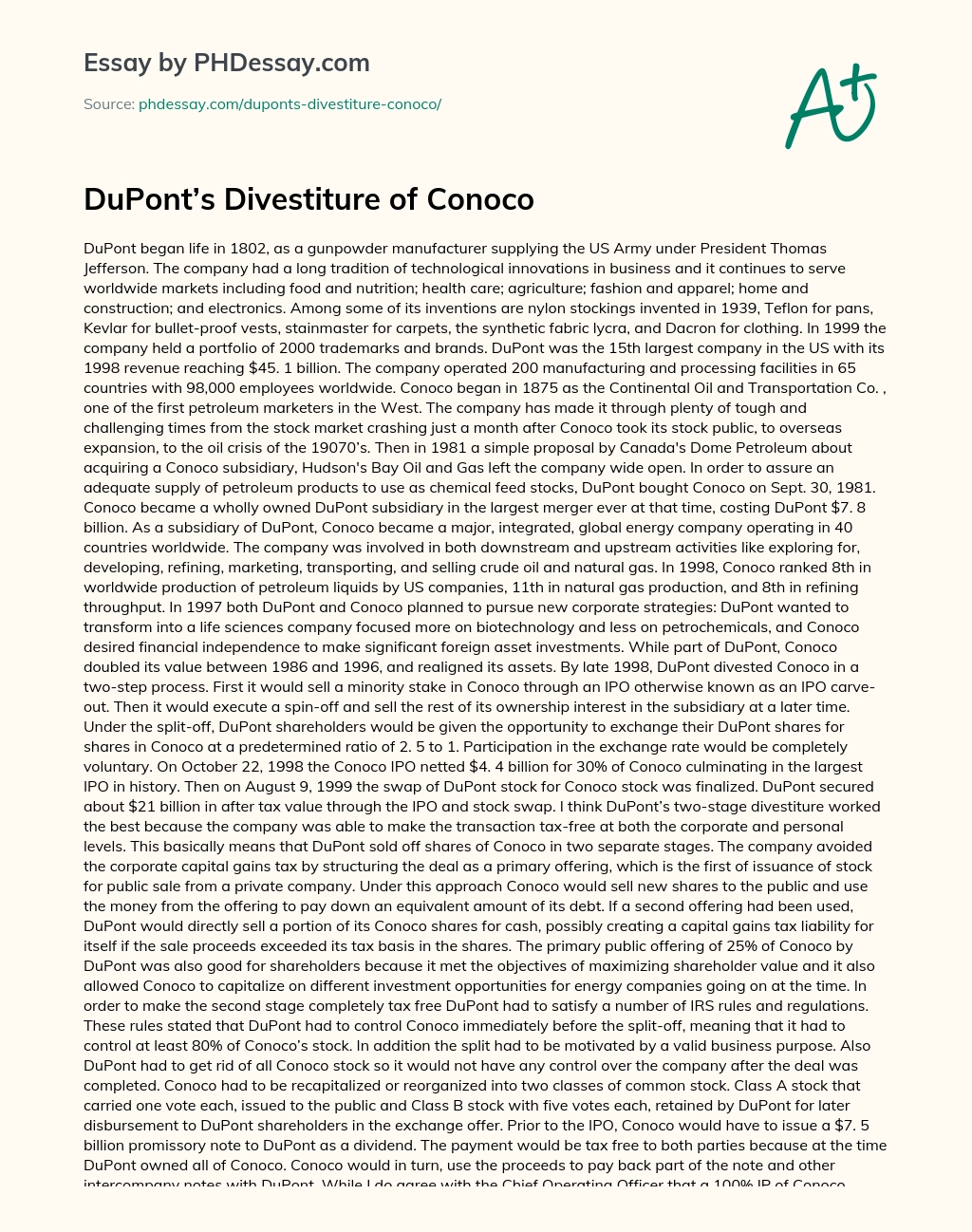 DuPont’s Divestiture of Conoco essay