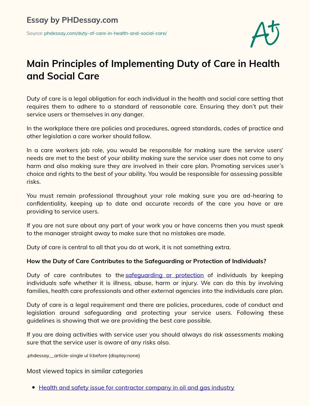 Main Principles of Implementing Duty of Care in Health and Social Care essay