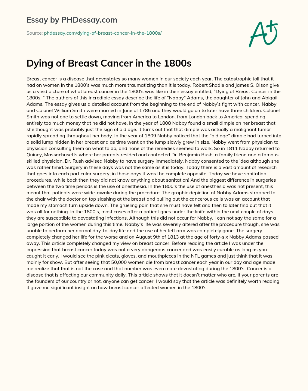 Dying of Breast Cancer in the 1800s essay