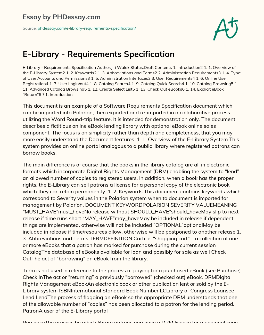 E-Library – Requirements Specification essay