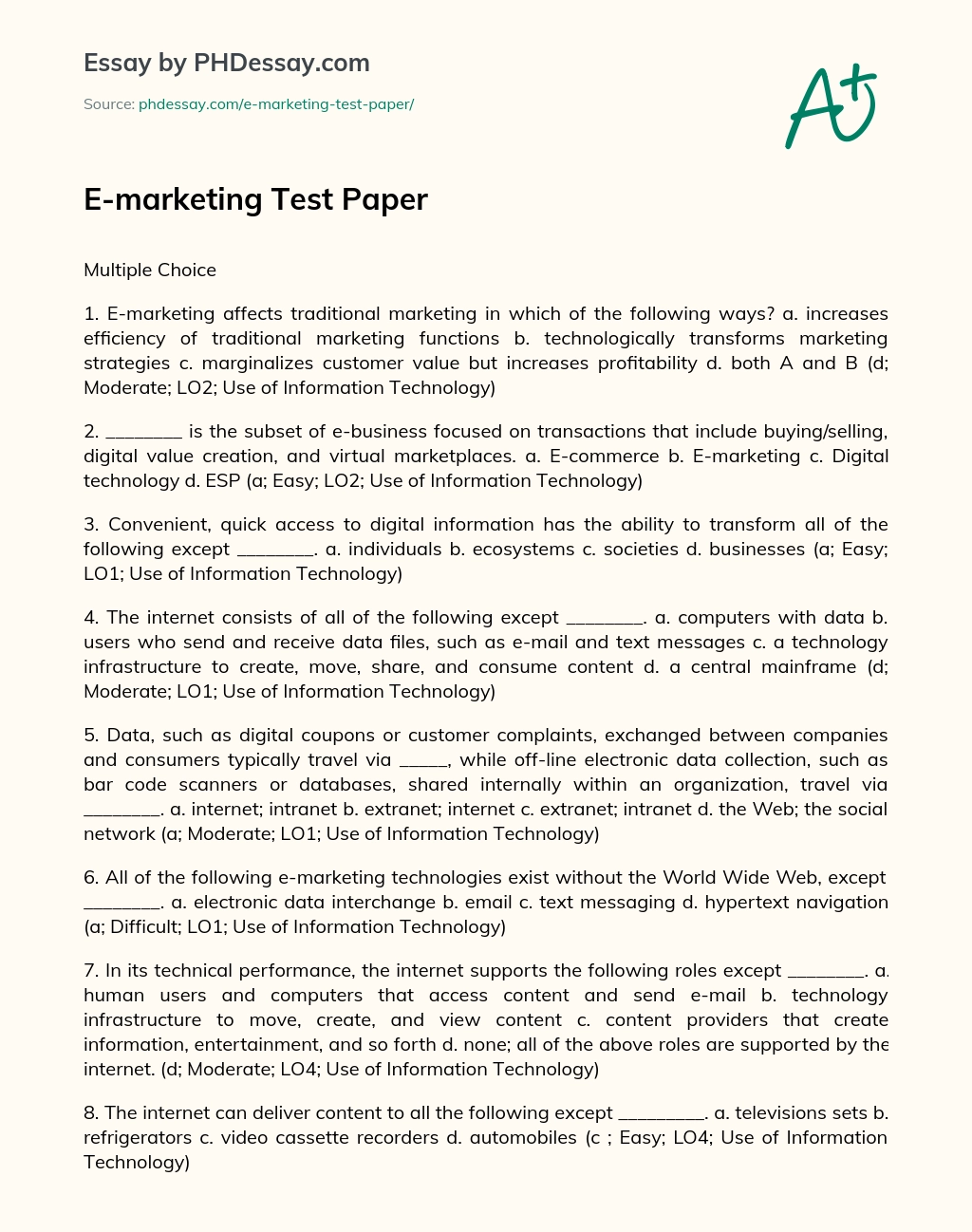 E-marketing Test Paper essay
