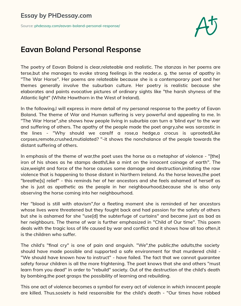 Eavan Boland Personal Response essay
