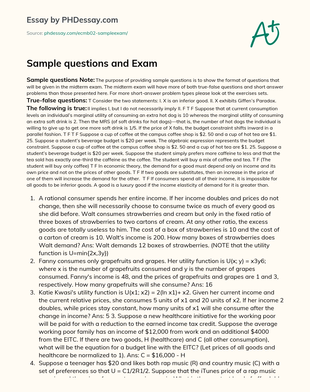 Sample questions and Exam essay