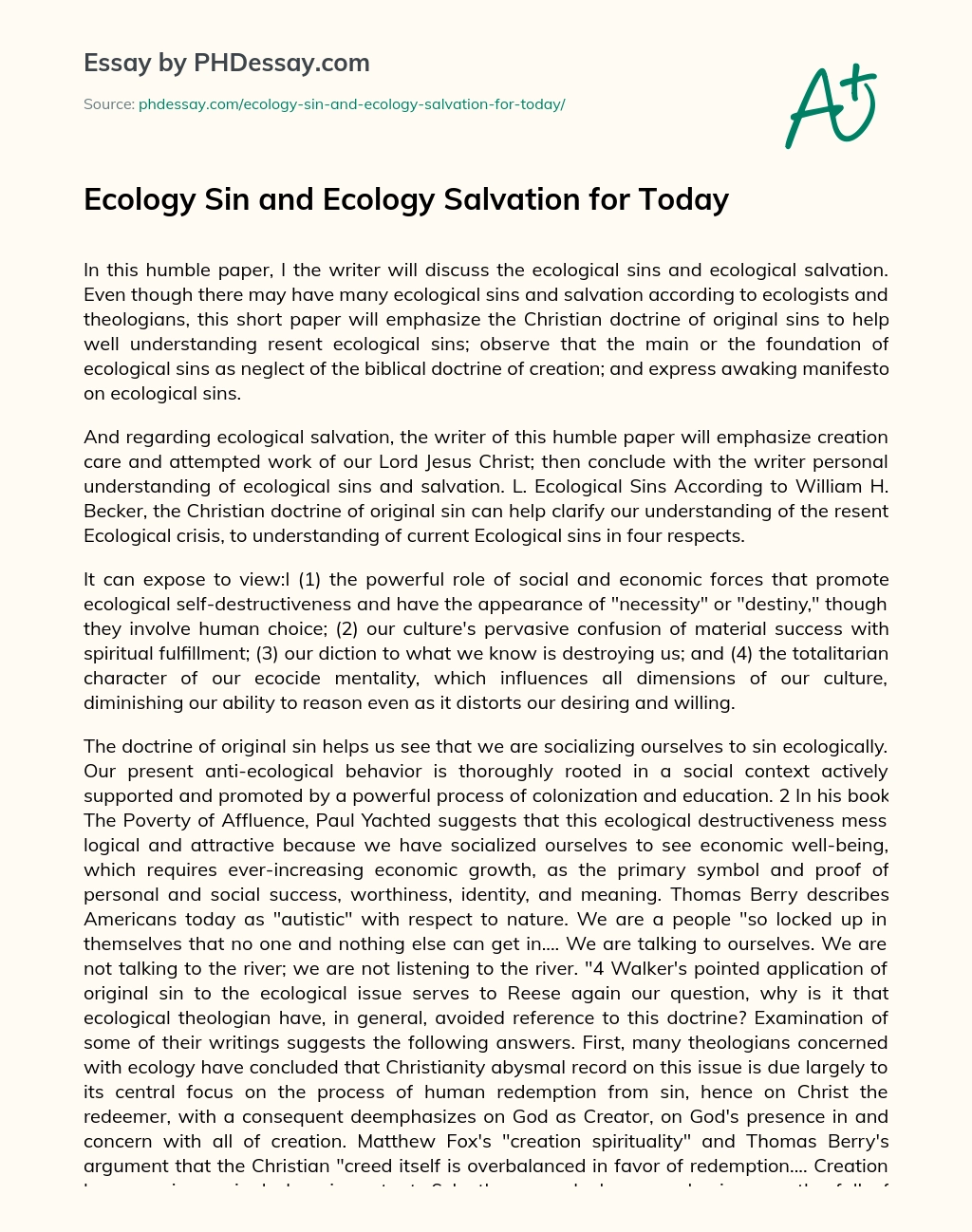 Ecology Sin and Ecology Salvation for Today essay