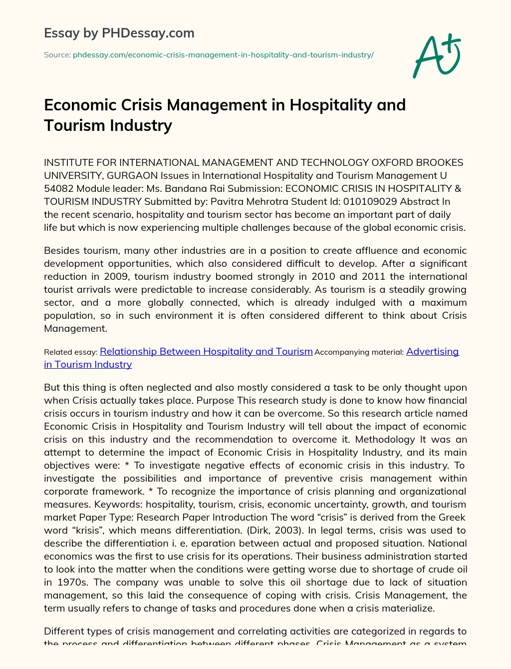 Economic Crisis Management in Hospitality and Tourism Industry essay