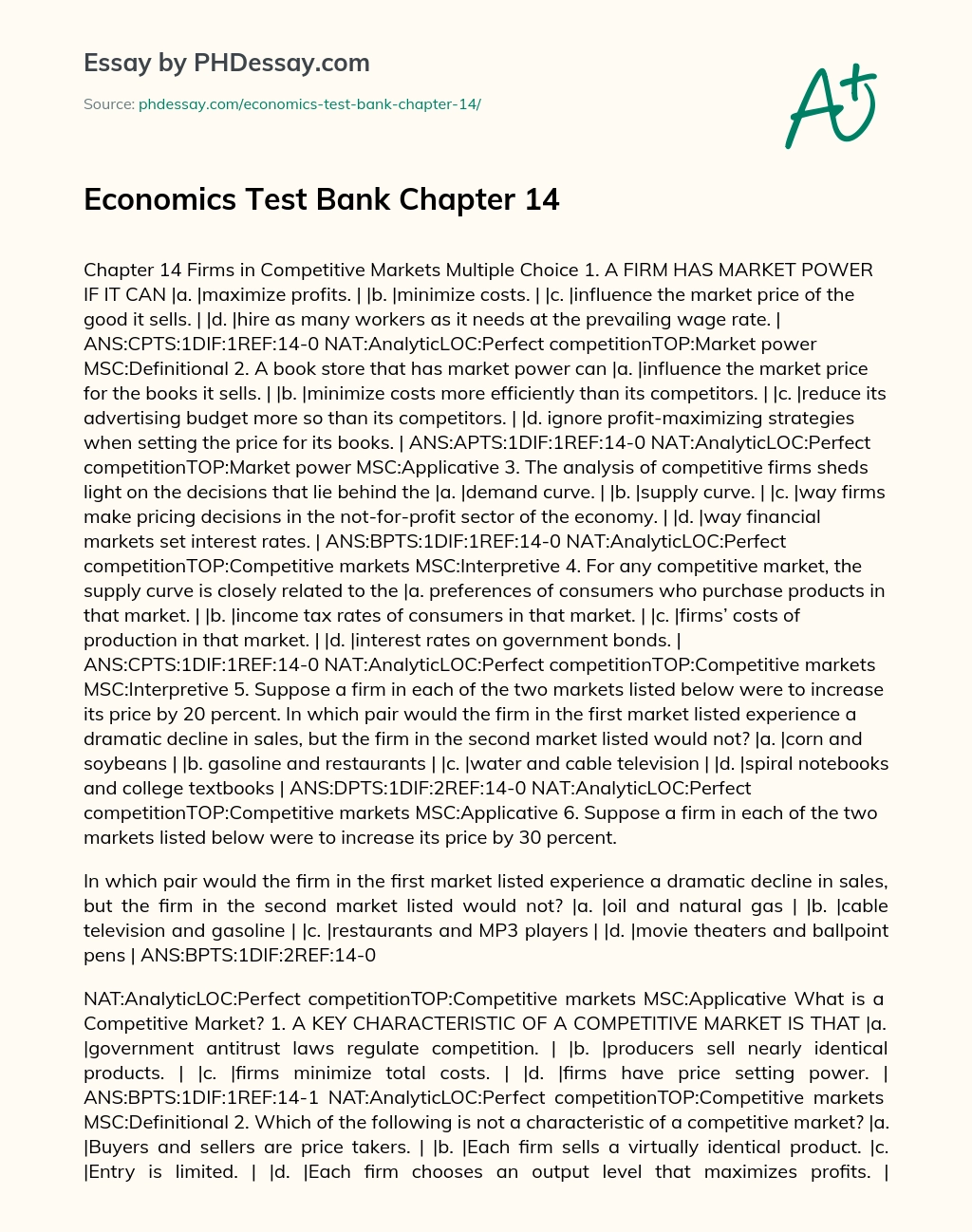 Economics Test Bank Chapter 14 essay