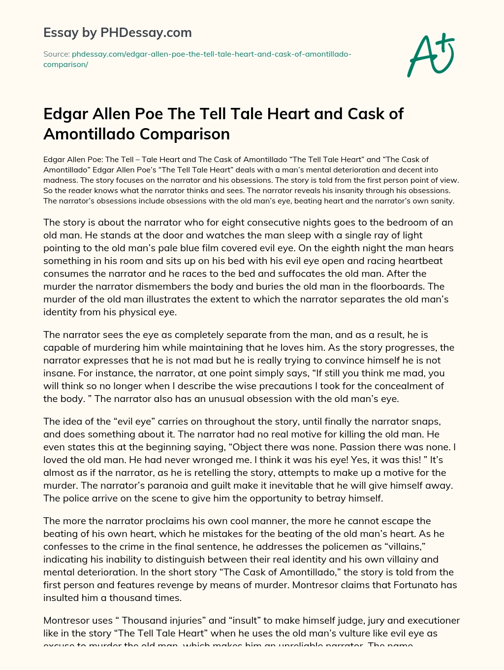 Edgar Allen Poe The Tell Tale Heart and  Cask of Amontillado Comparison essay
