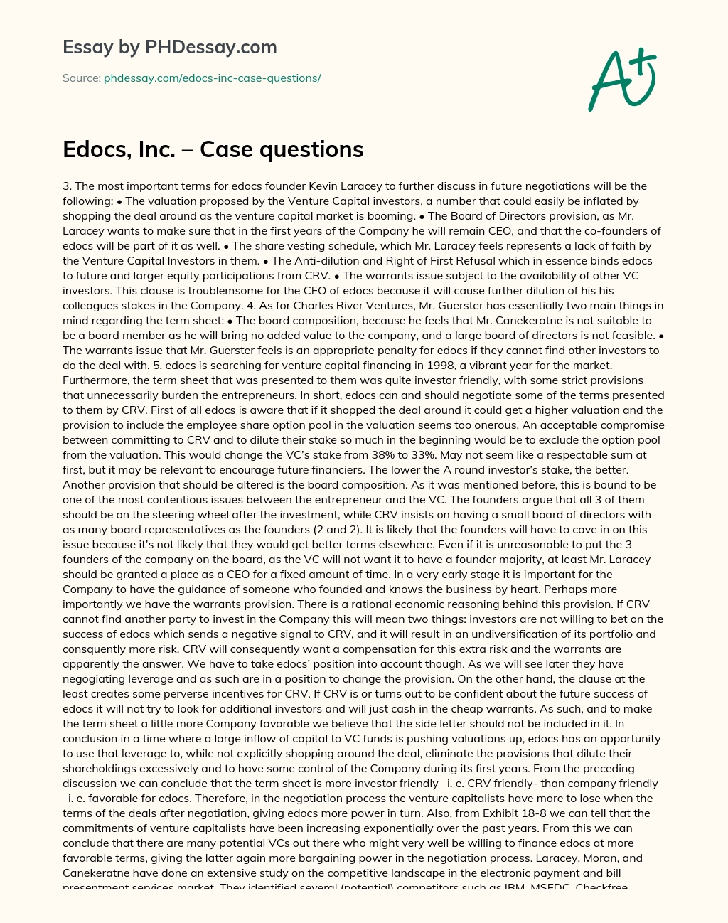 Negotiating Term Sheet Provisions for Edocs’ Venture Capital Financing in 1998 essay