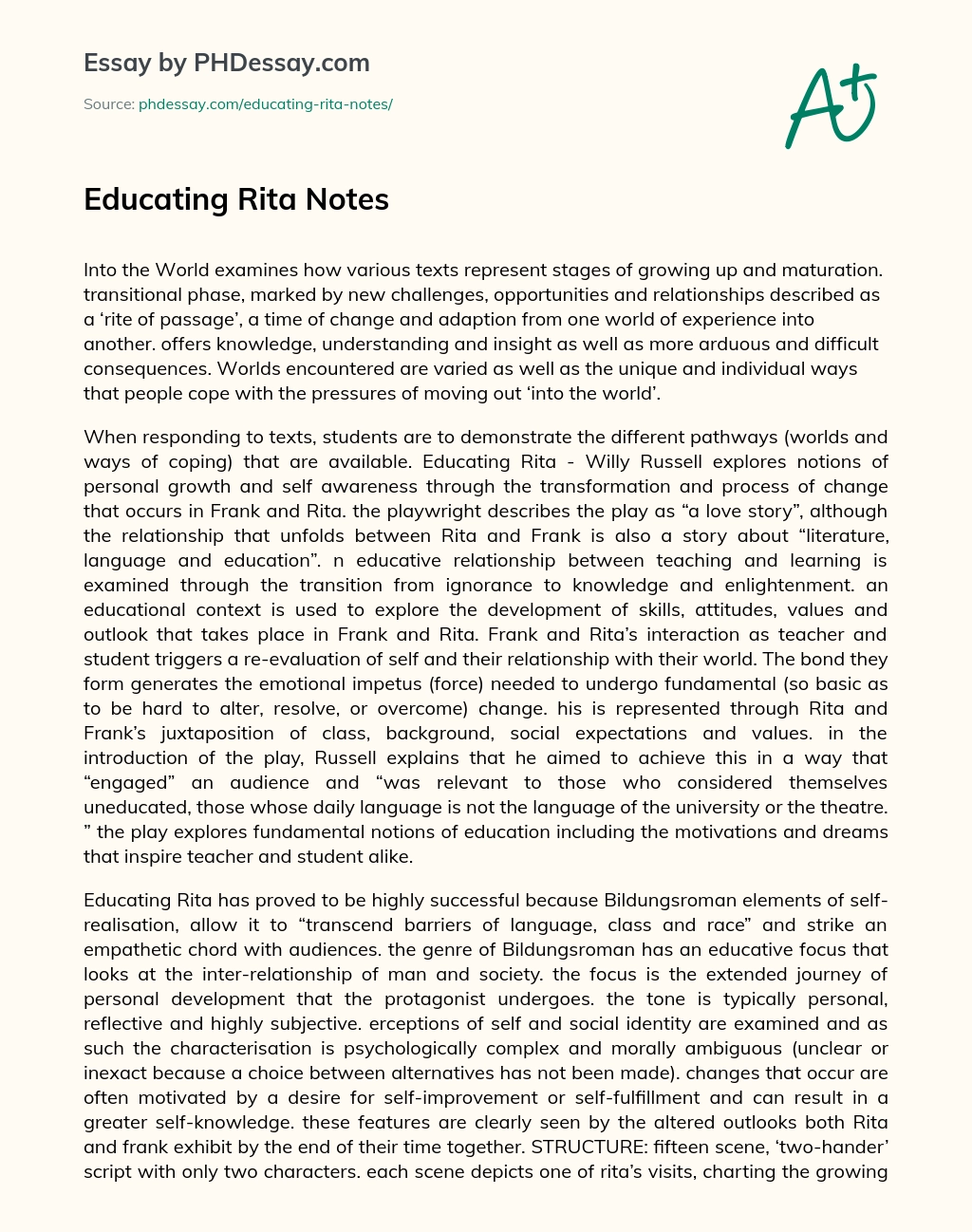 Educating Rita Notes essay