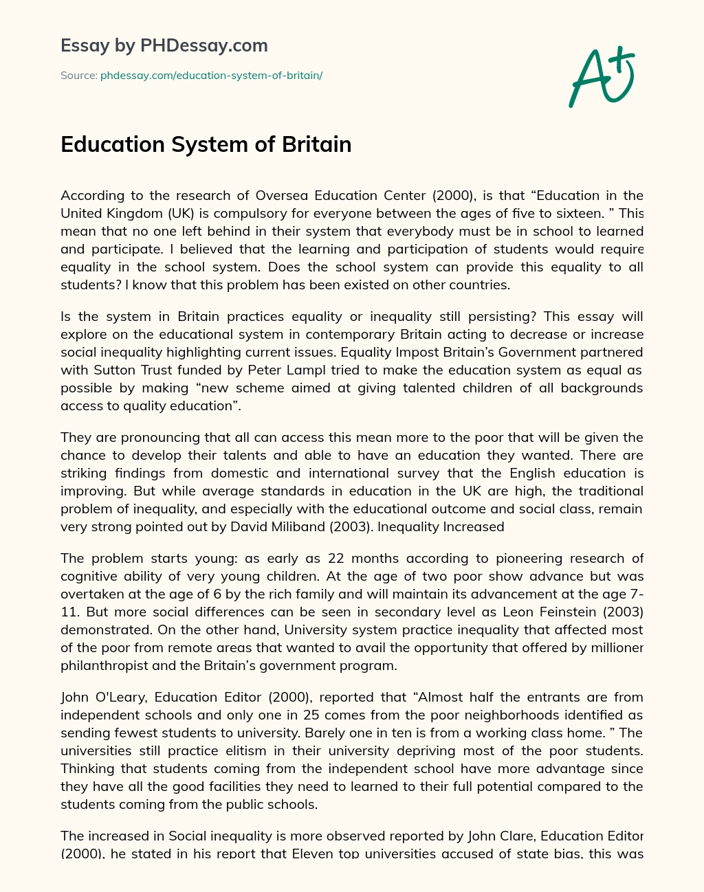 write an essay about education system in great britain