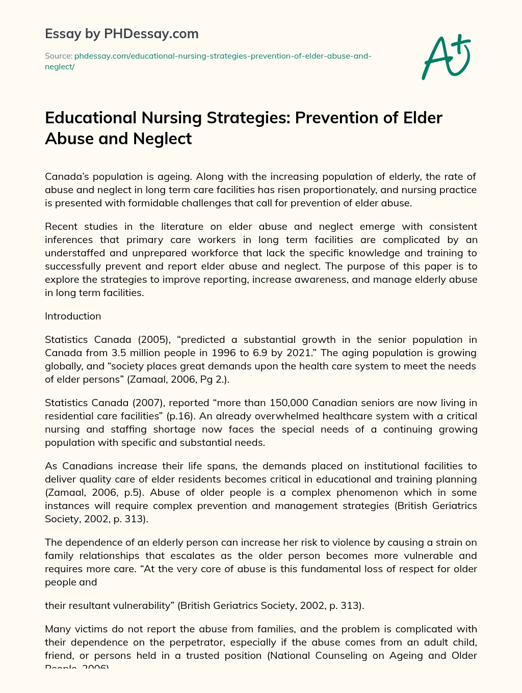 Educational Nursing Strategies: Prevention of Elder Abuse and Neglect essay