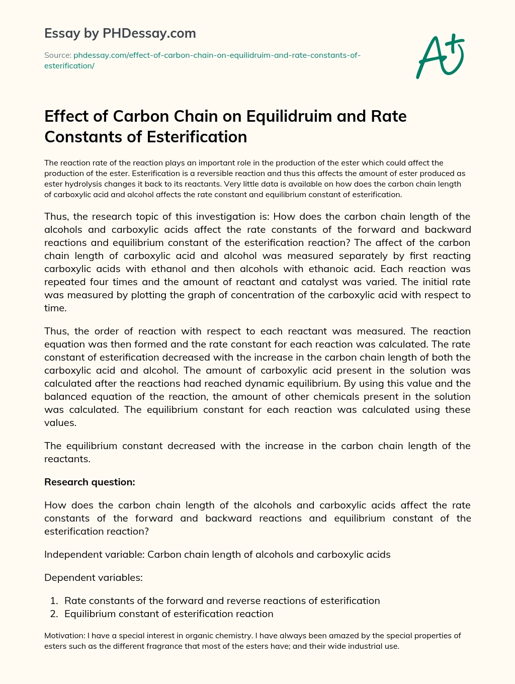Effect of Carbon Chain on Equilidruim and Rate Constants of Esterification essay