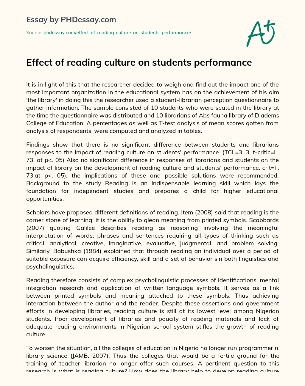 Effect of reading culture on students performance essay