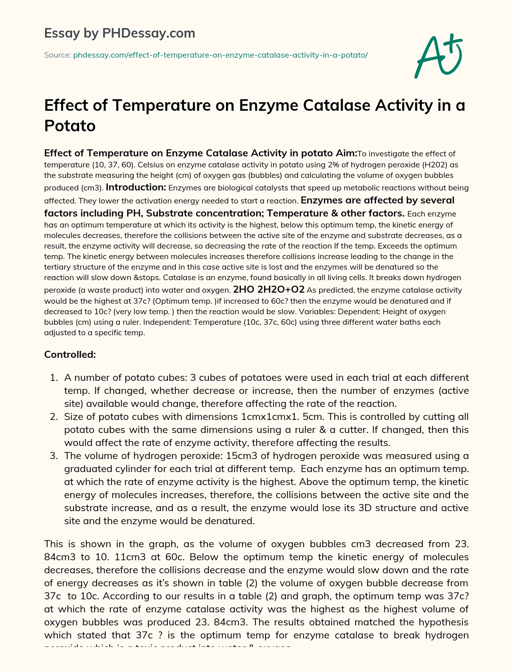 Effect of Temperature on Enzyme Catalase Activity in a Potato essay