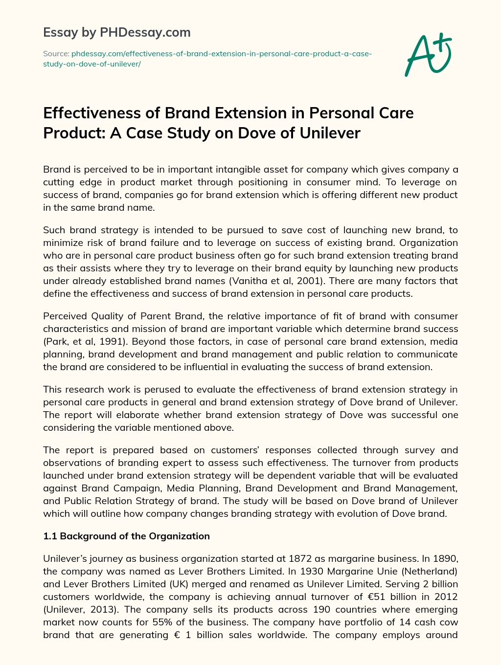 Effectiveness of Brand Extension in Personal Care Product: A Case Study on Dove of Unilever essay