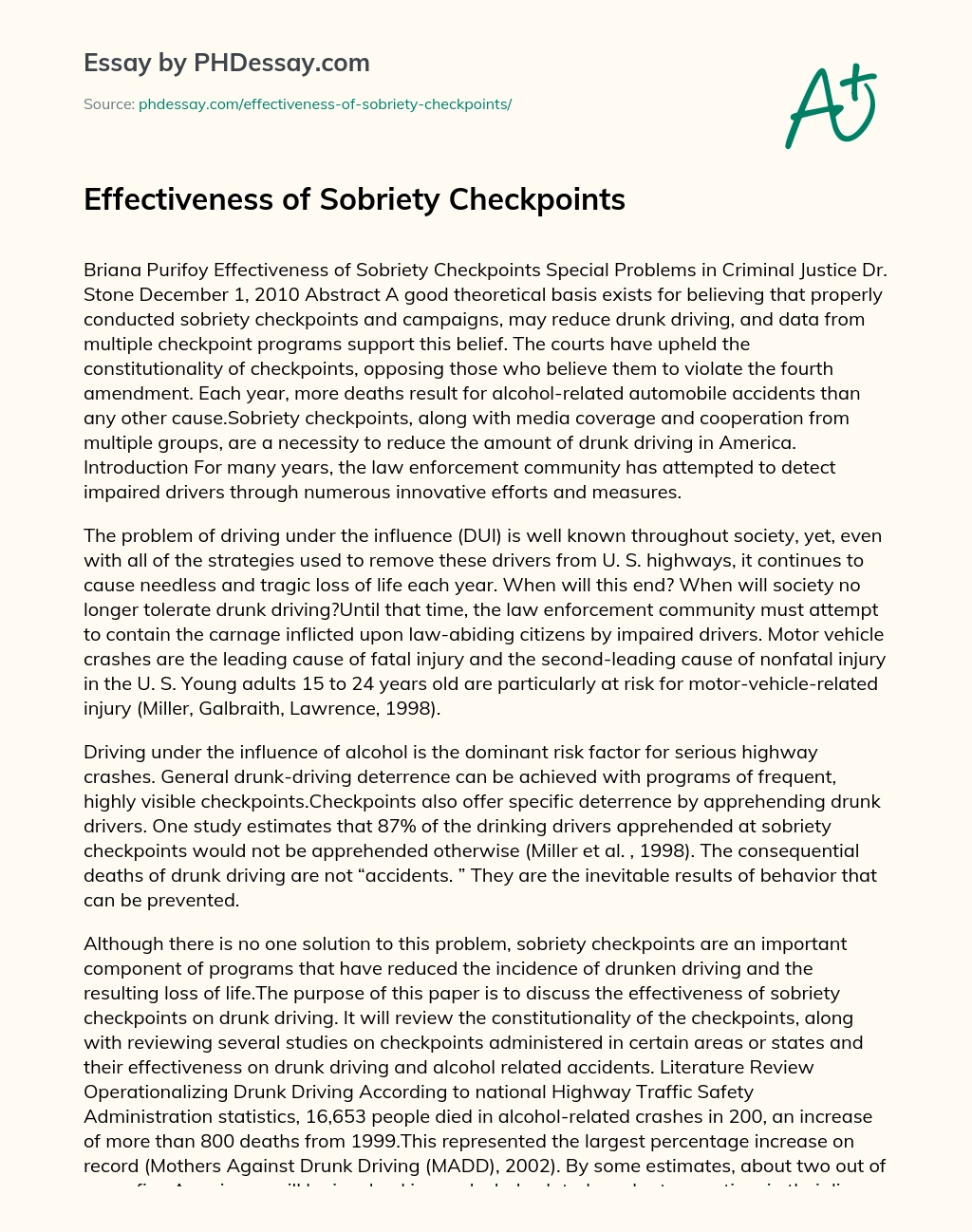 Effectiveness of Sobriety Checkpoints essay
